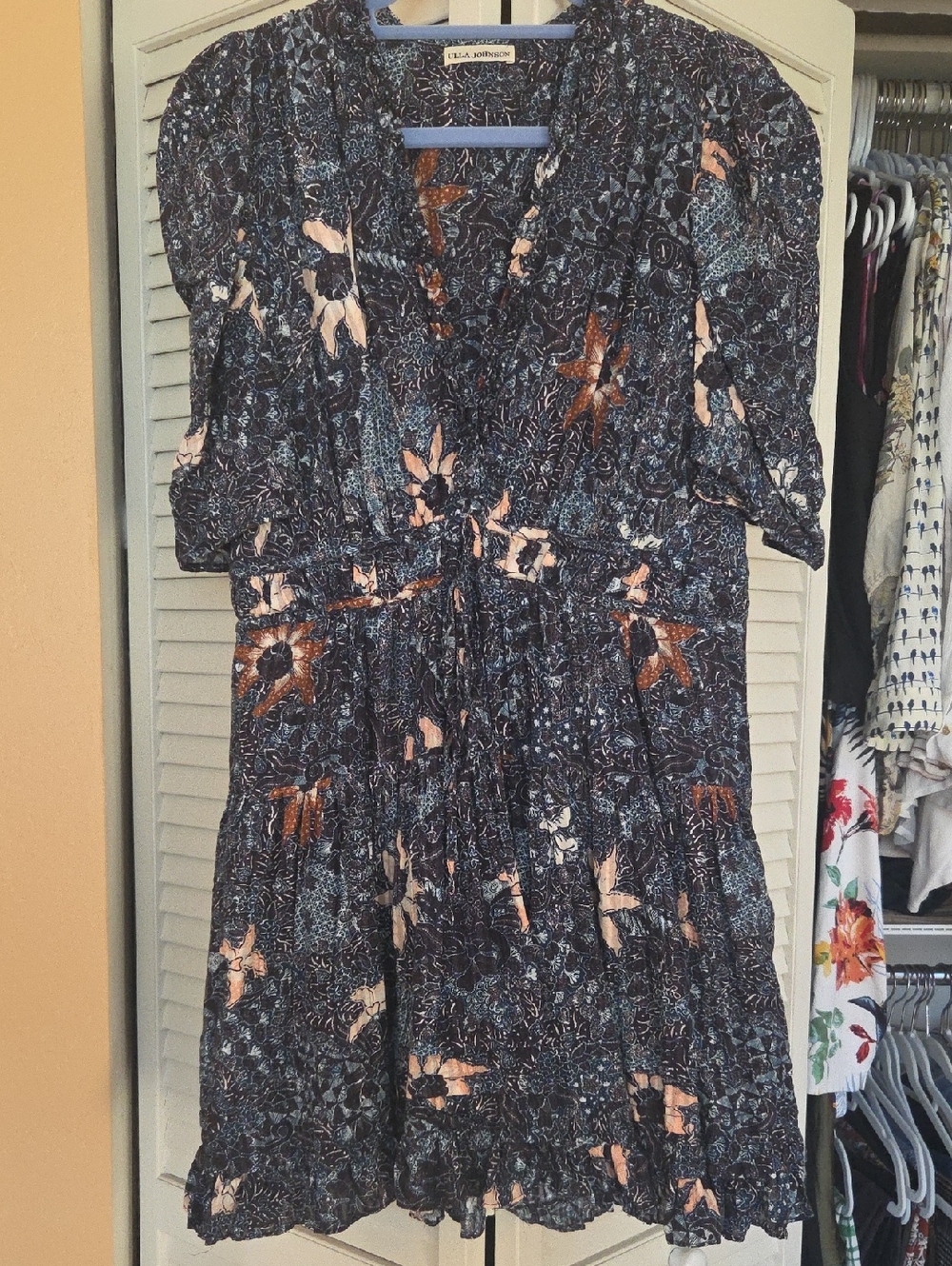 Ulla Johnson navy floral lined mini dress with blush and rust accents - Sz 12